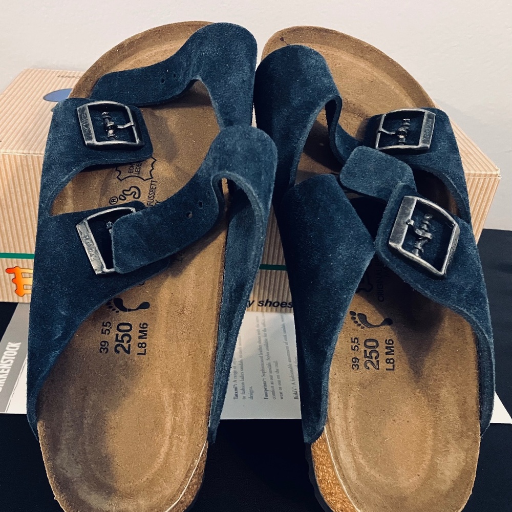 Birki’s Lyon Navy Suede Women's Sandal, Size 8